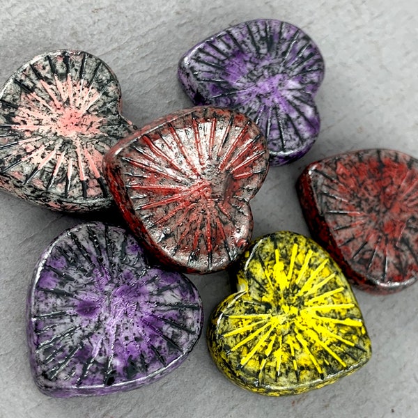 Black Czech glass pressed heart beads, starburst, blue, pink, yellow, red, purple wash - 22mm - 2pcs - MG454-b057