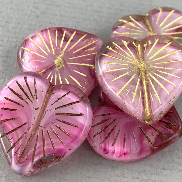 Clear, Pink, White Czech glass pressed heart beads, gold or bronze starburst, transparent, white core - 22mm - 2pcs - MG707-b001