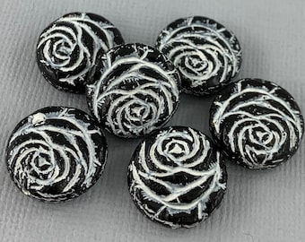 Jet Black Rose beads, Czech glass, white wash, flower coin - 18mm - 2 pcs - FB1097-b431