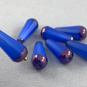 Silk Opal Blue pressed faceted Czech glass teardrop beads, pear shaped, purple gold luster, opaline - 6 pcs - 20mm x 9mm - MG152-b313