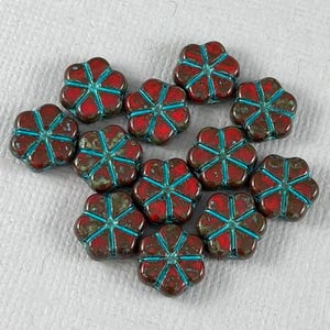 Rote Vergissmeinnicht tschechische Glasblumenperlen, schweres braunes Picasso, aquablaue Waschung, Gänseblümchen, Kirschblüte - 10 mm - 12 oder 24 Stück - FB1974-B040