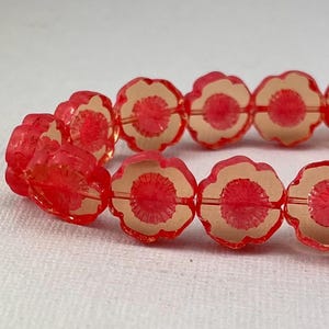 Transparent Orange Tinted Czech hibiscus glass flower beads, red wash detail, table cut - 14mm - 6 pcs - FB800-b142
