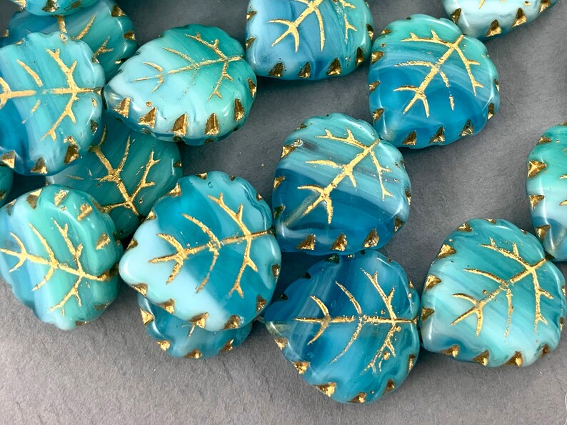 Variegated Blue Czech Glass Leaf Beads Linden Leaf Poplar Etsy