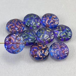 Lentil beads, transparent royal blue & purple Czech glass, green, old copper scroll, swirl, puffy coin - 14mm - 6 or 12 pcs - MG1152-b222