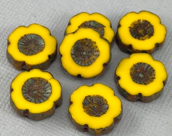 Perline di fiori di vetro di ibisco ceco giallo maturo opaco, picasso marrone cioccolato, taglio da tavolo - 14mm - 6 pezzi - FB707-b134