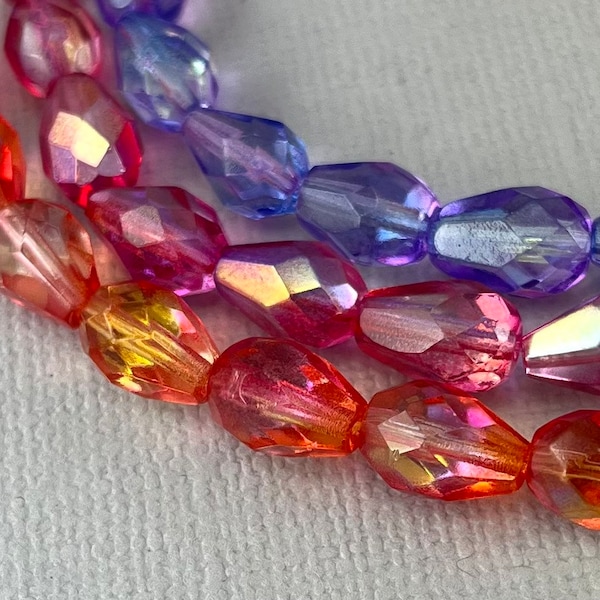 Faceted fire polished Czech glass teardrop beads, pear shaped, aurora borealis, pink, blue, orange - 12 pcs - 10mm x 7mm - MG1008-b216