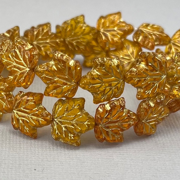Transparent Honey Topaz Czech glass maple leaf beads, gold wash, amber - 13mm x 12mm - 10 pcs - FB1565-b146