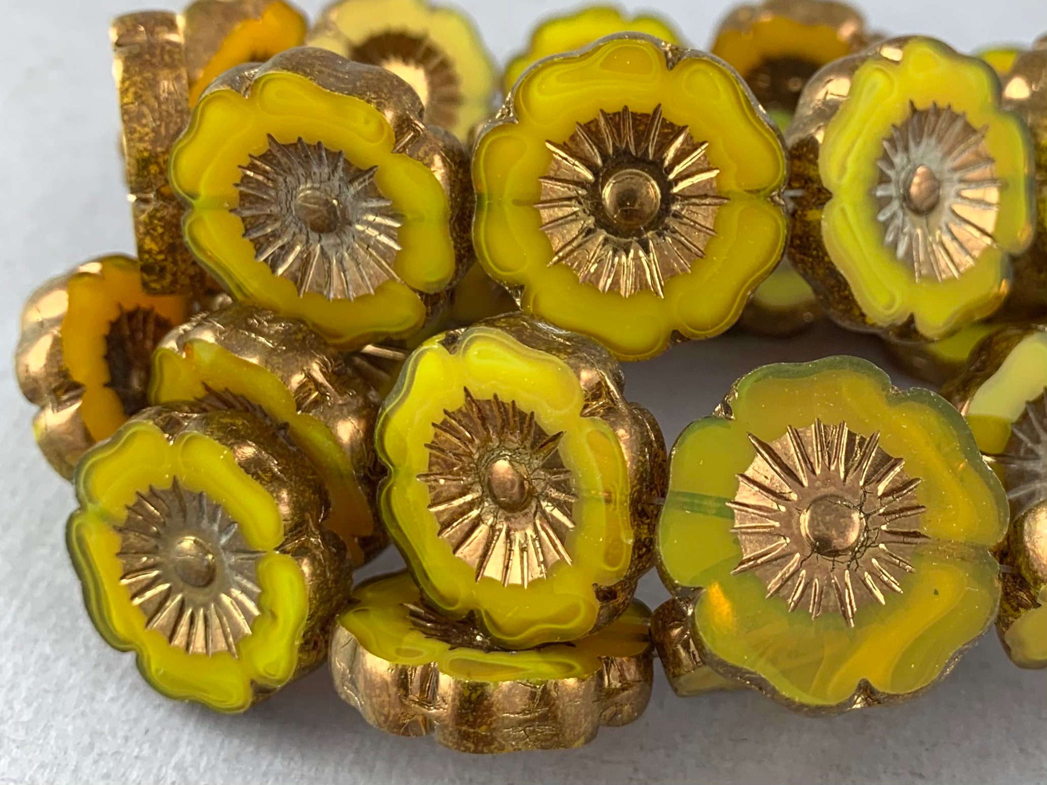 Large Harvest Yellow Czech Glass Table Cut Flower Beads Etsy