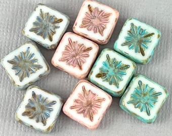 White kiwi square beads, Czech glass table cut, caramel picasso, Teal Green, Pink or Stone Blue sunburst - 6 or 12 pcs - 11mm - GEO366-b501