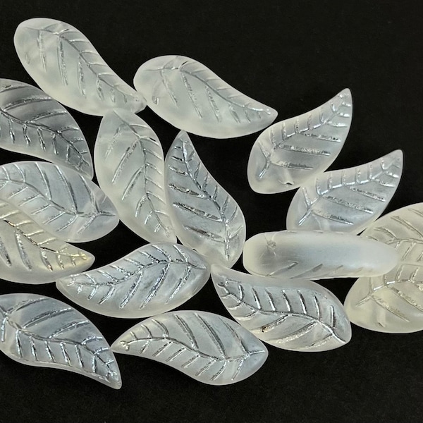 Matte Crystal Clear engraved leaf glass beads, aurora borealis finish, iridescent, top drilled, frosted - 18mm x 8mm - 10 pcs - FB1453-b143