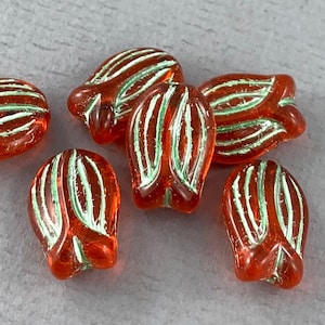 Transparent Orange Czech glass tulip flower beads, mint green wash, vintage look - 16mm x 12mm - 6 or 12 pcs - FB1228-b309