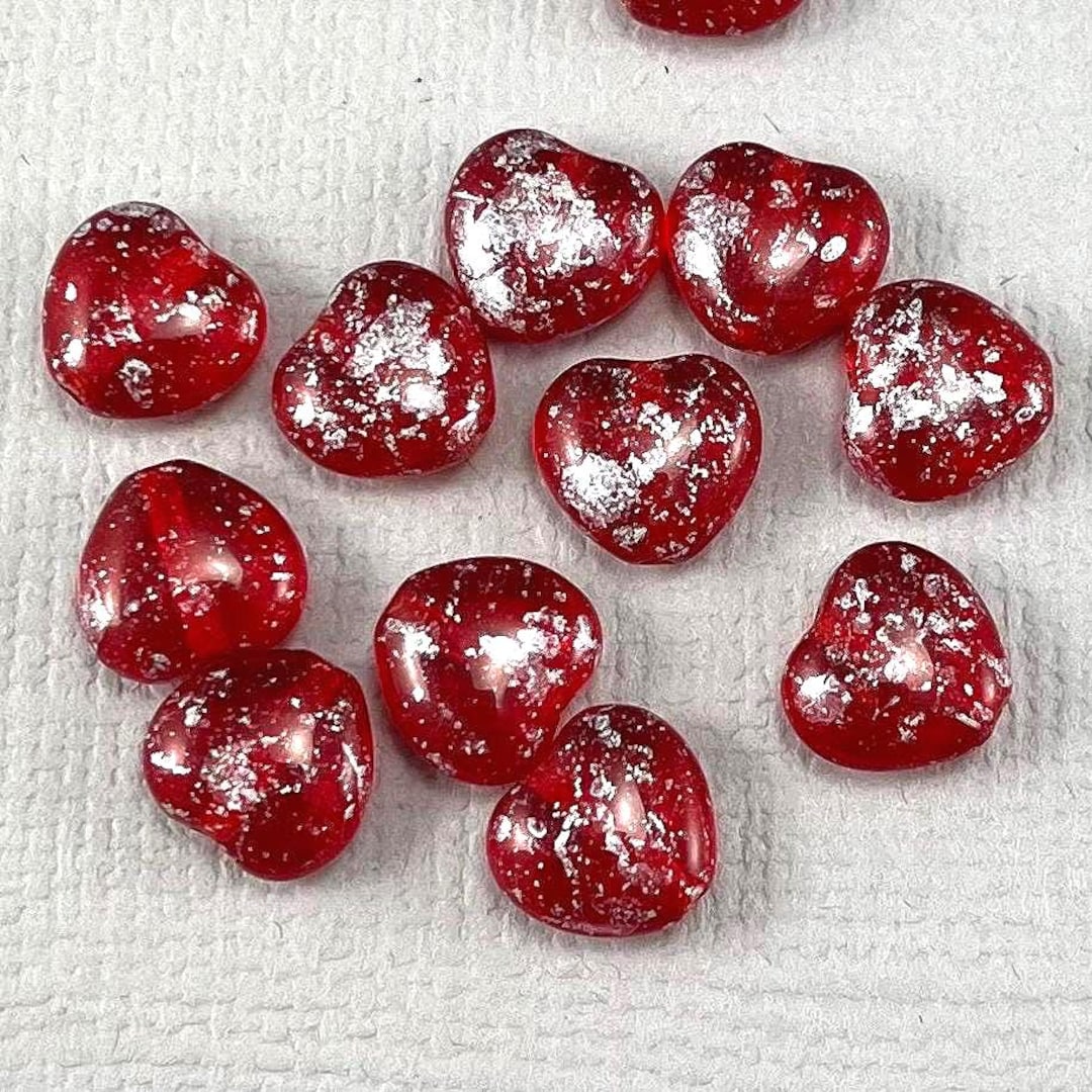Siam Red Czech Glass Puffy Heart Beads, Silver Dusted - 8mm