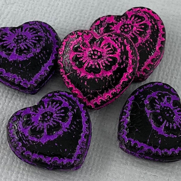 Jet Black heart beads, pressed Czech glass, hot pink or purple wash detail, puffy heart, flower, daisy - 18mm - 4pcs - MG079-b175