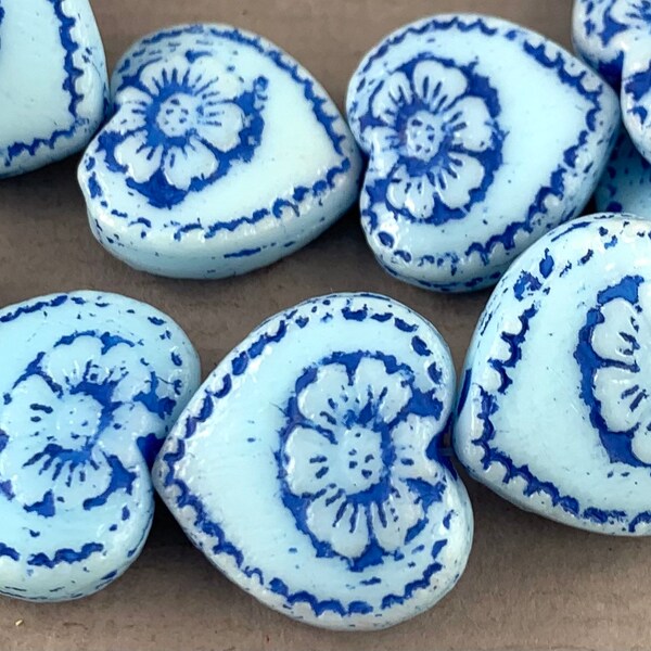 Baby Blue pressed Czech glass heart beads, royal blue wash detail, puffy heart, flower, daisy - 18mm - 4pcs - MG696-b154