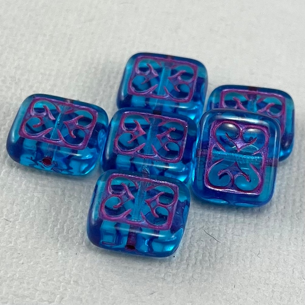 Cushion shaped glass beads, pressed, deep aqua blue, pink wash, rectangle greek key, Czech glass - 6 or 12 pcs - 12mm x 11mm - GEO282-b149