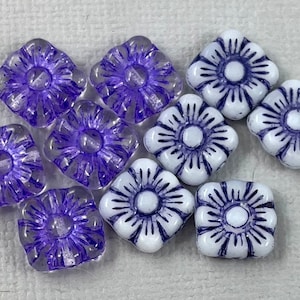 Square Flower beads, Czech glass, daisy, white or crystal clear, purple wash - 11mm - 12pcs - FB1428-b084