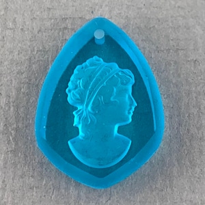 Crystal aqua blue, reverse carved woman, intaglio buff glass shield drop pendant, top drilled - 23mm x 16mm - 1pc - MG381