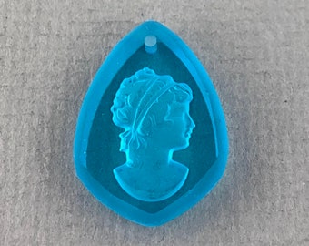 Crystal aqua blue, reverse carved woman, intaglio glass shield drop pendant, top drilled - 23mm x 16mm - 1pc - MG381