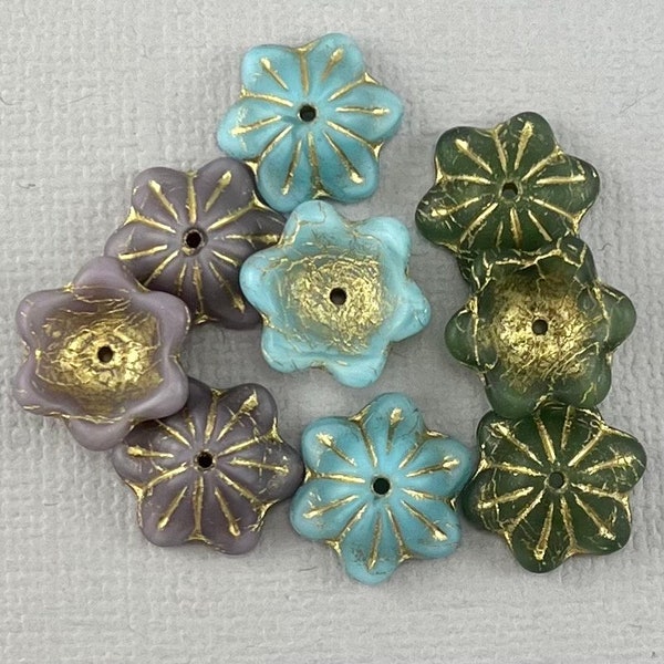Baby Blue, Deep Green or Lavender Purple Czech glass wide bell flower beads, gold wash, matte, 6 petal - 6 pcs - 12mm x 6mm - FB215-b035