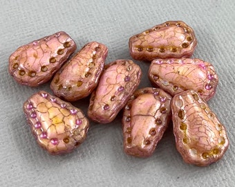 Lacy dotted edge teardrop beads, Czech glass, caramel picasso, rustic pink - 6 pcs - 17mm x 12mm - MG1003-b399