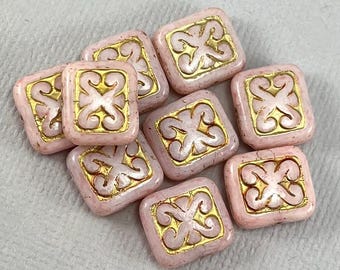 Coussin rose Perles de verre tchèques, clé grecque dorée - 6 ou 12 pcs - 12 mm x 11 mm - GEO320-b428