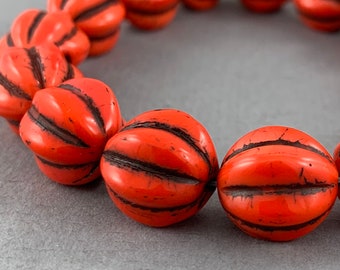 Chunky Bright Orange fluted, pressed Czech glass melon, pumpkin beads, dark brown grooves, grooved beads - 12mm - 10 pcs - RD165-b234