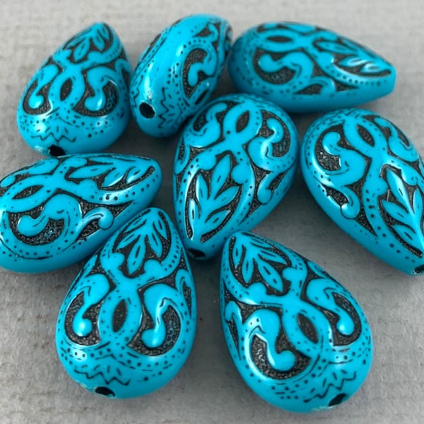 Moroccan etched teardrop pendant, turquoise blue & black, vintage style, leaf detail, ornate, teal, acrylic - 19mm x 13mm - 6pc - MG812-b176