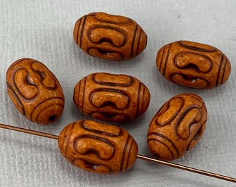 Etched oval acrylic beads, Caramel and dark brown, vintage style, ornate, tube - 15mm x 10mm - 6 or 12 pcs - RD300-b386
