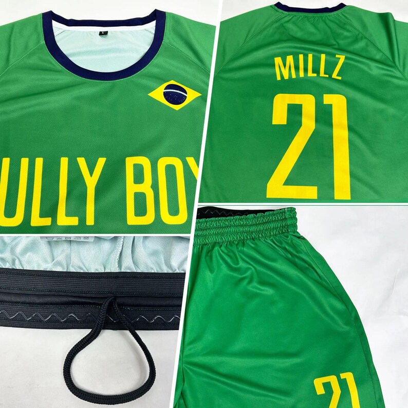 May include: Green athletic jersey and shorts set. The jersey has a navy blue collar and the text "ULLY BOY" in yellow. The Brazilian flag is on the chest. The shorts and jersey have the number "21" in yellow. The jersey back has the name "MILLZ".