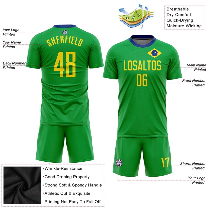May include: Green soccer uniform set with yellow lettering and numbers. The jersey has a blue collar and the text "SHERFIELD" and "48" on the back. The front of the jersey says "LOSALTOS" and "06". The shorts have the number "17".