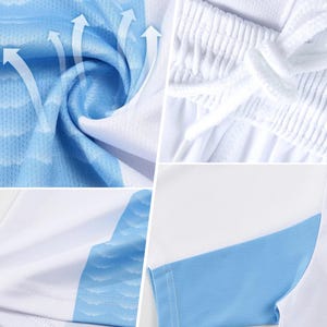 May include: Close-up of athletic apparel details. The image shows white and light blue fabric with a breathable design. Features include a drawstring waistband and a textured, moisture-wicking material.