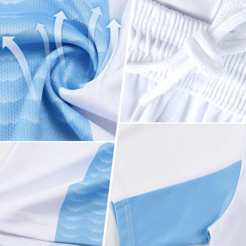 May include: Close-up of athletic apparel details. The image shows white and light blue fabric with a breathable design. Features include a drawstring waistband and a textured, moisture-wicking material.