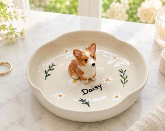 Personalized Dog Ring Dish, Hand-Sculpted Ceramic Pet Figurine Jewelry Tray