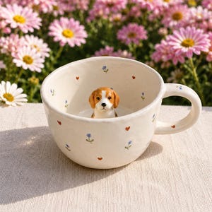 Op de afbeelding: Een crèmekleurige keramische mok met een handgeschilderd patroon van kleine blauwe bloemetjes en kleine rode hartjes. Een driedimensionaal beeldje van een bruin-witte beagle is bevestigd aan de binnenkant van de bodem van de mok.