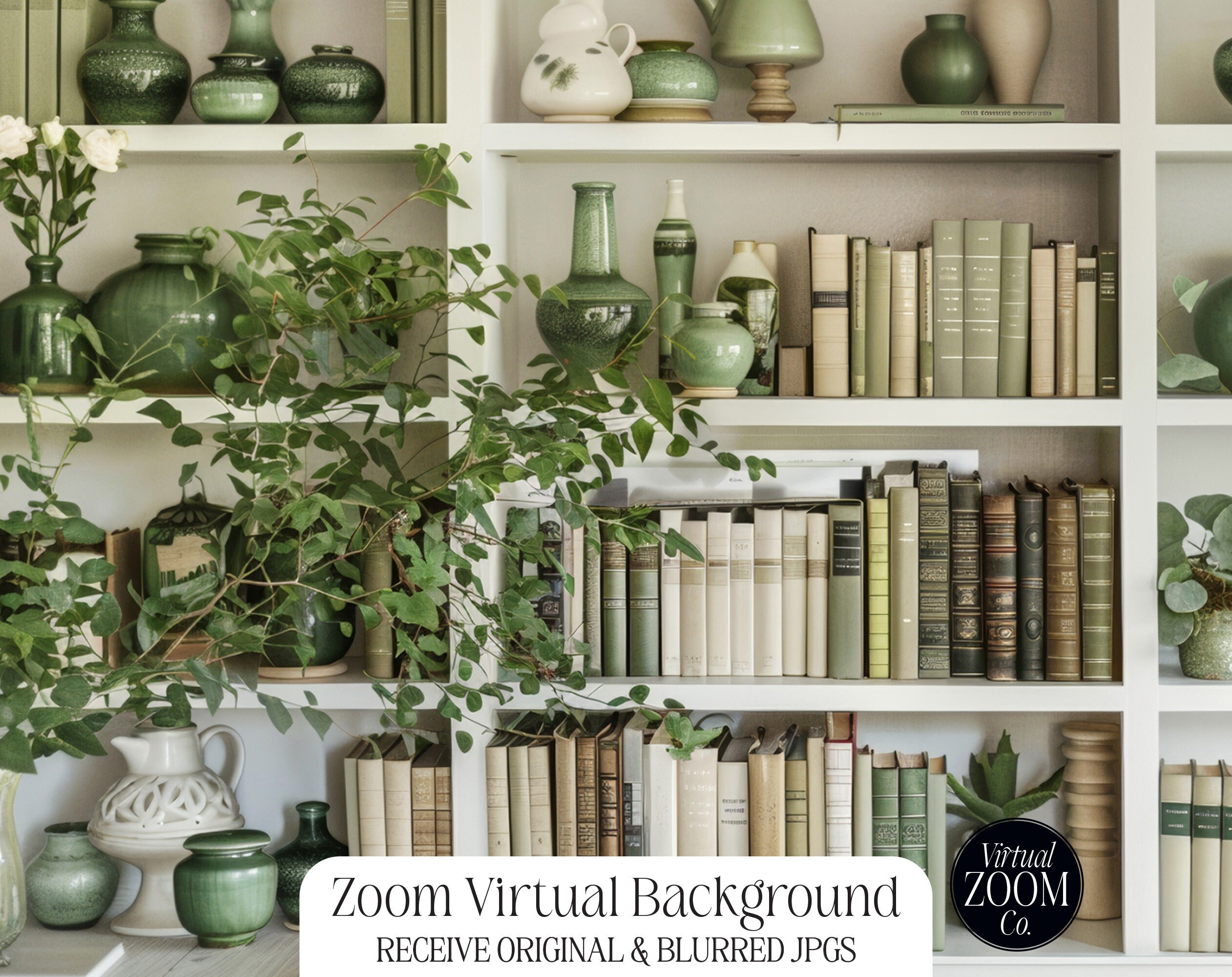 Zoom Background Bookshelf With Plants Green Virtual Bookshelf for Zoom