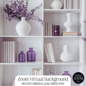 May include: White bookcase with multiple shelves filled with books and decorative items, including vases, a bust, and candles. The shelves are decorated with purple flowers.