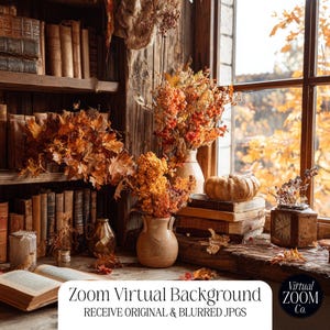 May include: A cozy autumn-themed scene with a bookshelf filled with vintage books, fall foliage, pumpkins, and vases of orange flowers. The image includes the text "Zoom Virtual Background" and "RECEIVE ORIGINAL & BLURRED JPGS".