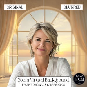 May include: A woman with blonde hair is sitting in front of a window with white curtains. The window has a view of a beach and ocean at sunset. The text "Zoom Virtual Background" and "RECEIVE ORIGINAL & BLURRED JPGS" is at the bottom of the image. The text "Virtual Zoom Co." is in the bottom right corner of the image.