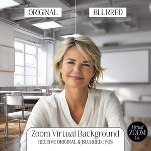 May include: A woman in a white blouse smiles in front of a blurred classroom background. The image includes the text "Zoom Virtual Background" and "Receive Original & Blurred JPGs". The Virtual Zoom Co. logo is also visible.
