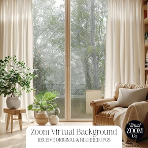 May include: A cozy interior scene with a leather armchair, a wooden bookshelf, and a small wooden side table with a potted plant. The room has large windows with sheer curtains and a view of trees. Text on the image reads "Zoom Virtual Background".