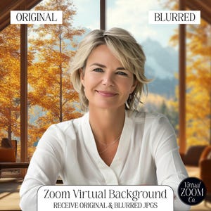 Könnte beinhalten: Eine Frau in einem weißen Hemd sitzt vor einem verschwommenen Hintergrund aus Herbstlaub. Der Text "Zoom Virtual Background" und "Receive Original & Blurred JPGs" wird unter ihr angezeigt. Der Text "Virtual Zoom Co." befindet sich in einem Kreis in der unteren rechten Ecke.