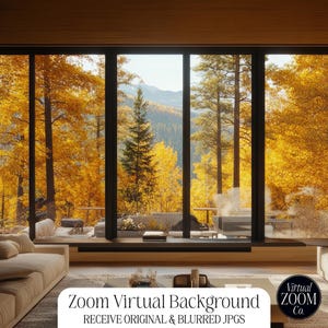 Puede incluir: Una sala de estar con grandes ventanales que dan a un bosque de árboles amarillos. La sala tiene un sofá, una mesa de café y una alfombra. El texto "Zoom Virtual Background" y "Receive Original & Blurred JPGs" se muestra en la alfombra. El texto "Virtual Zoom Co." se muestra en un pequeño letrero en la mesa de café.