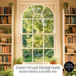 May include: A digital virtual background for video calls featuring a bright room with white built-in bookshelves filled with colourful books and potted plants on both sides, framing a large arched window looking out onto a lush green garden.