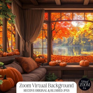 Zoom Background Cabin with Pumpkins Virtual Background Fall Trees Zoom Halloween Zoom Virtual Background Autumn Window Halloween Zoom Room