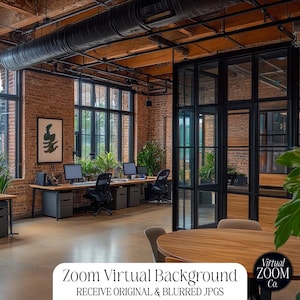 May include: A modern office space with exposed brick walls, large windows, and a glass partition. There are several desks with computers and chairs, and a wooden table in the foreground. The room is decorated with plants and artwork.