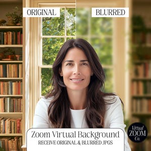 May include: A digital file set featuring a Zoom virtual background with a library theme. The image displays a split view showing an original sharp version and a blurred version of a bookshelf next to a window, with the text Virtual ZOOM Co.