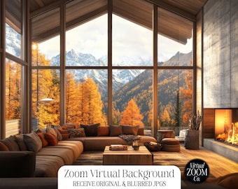 Zoom Background Chalet Cabin with Fireplace Virtual Background Fall Trees Backdrop Zoom Fall Mountains Virtual Background Autumn Window