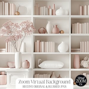 May include: A white bookshelf with multiple shelves filled with books, vases, and decorative objects. The books are all a light pink color. There are also some white vases and a few gold decorative objects. The bookshelf is against a white wall.