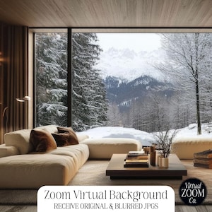 Peut inclure: Un canapé blanc en forme de L avec des coussins marrons est placé devant une grande fenêtre offrant une vue sur une forêt enneigée et des montagnes. La pièce a un plafond en bois et une bibliothèque.