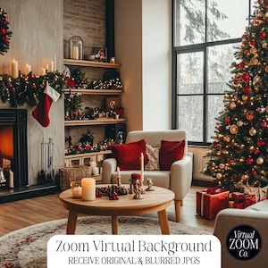 May include: A cozy living room decorated for the holidays with a lit Christmas tree, a fireplace, and a garland with red ornaments. The room has a large window with a view of a snowy landscape. The text "Zoom Virtual Background" and "Receive Original & Blurred JPGs" is displayed at the bottom of the image.
